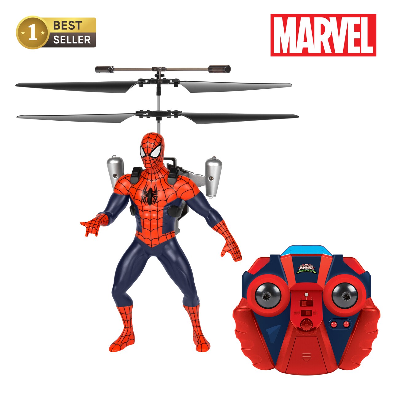 World Tech Toys Marvel Spider-Man IR RC Flying Figure – Jetpack Helicopter with LED Lights & Action Phrases, Twin Rotors - Spiderman Toys